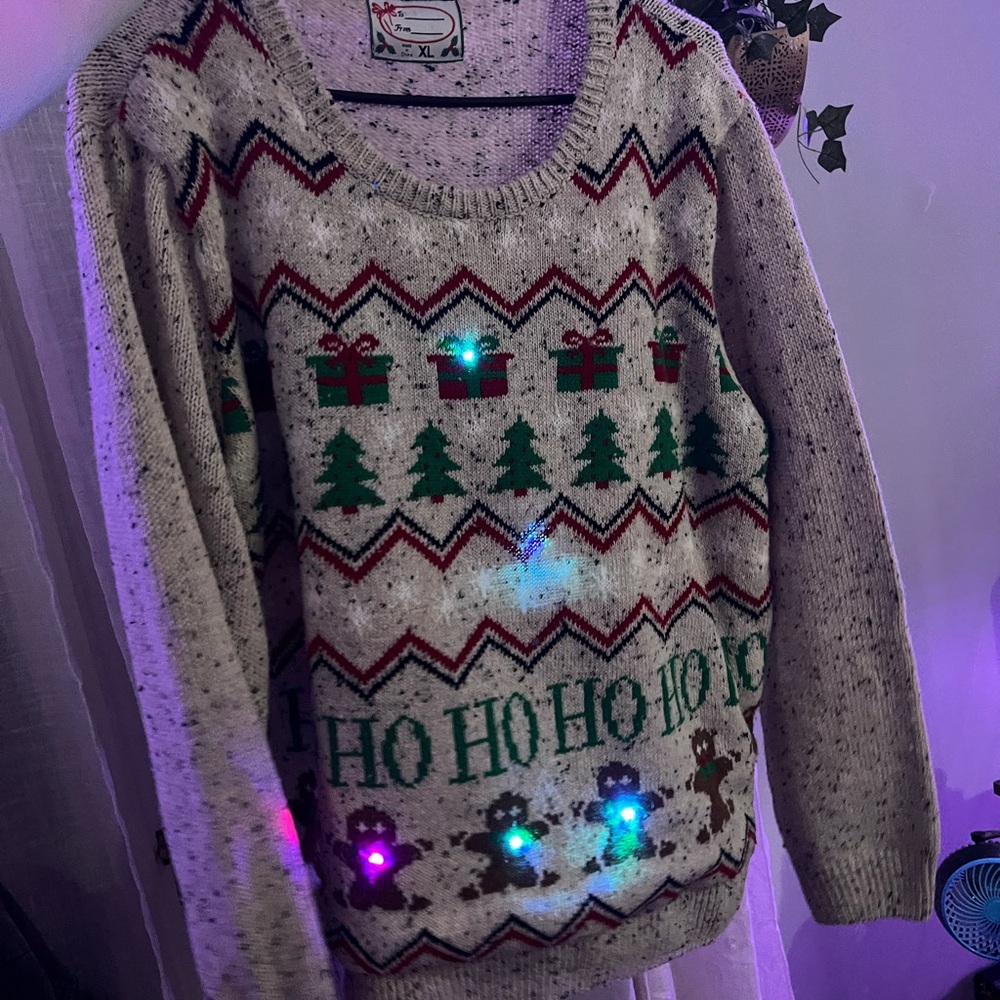 Light Gray 'Ho Ho Ho' Holiday Sweater with Green & Red Fair Isle Accents